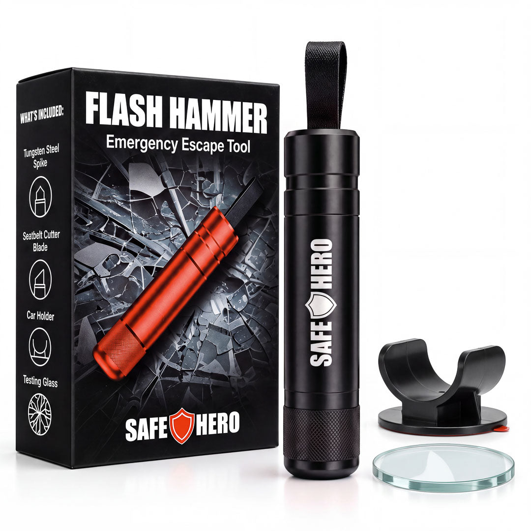 Black Safe Hero Flash Hammer car escape tool with retail box, car holder and test glass