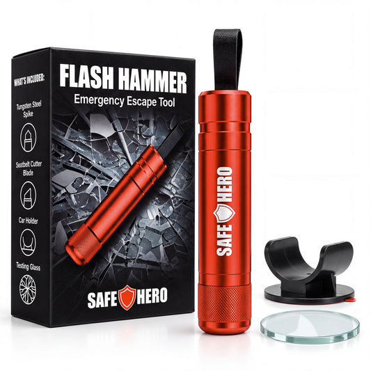 Red Safe Hero Flash Hammer car escape tool with retail box, car holder and test glass