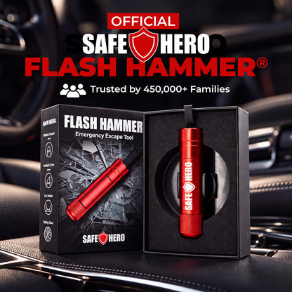 Official Safe Hero Flash Hammer emergency escape tool with its gift box and car holder