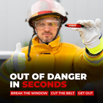 Firefighter holding up the Safe Hero Flash Hammer car escape tool