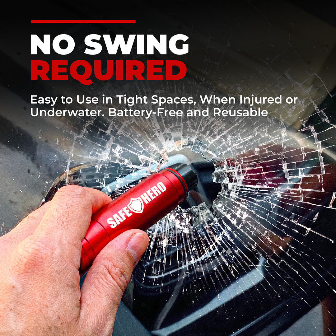 Safe Hero Flash Hammer breaking a car window with a one-handed press, no swing needed