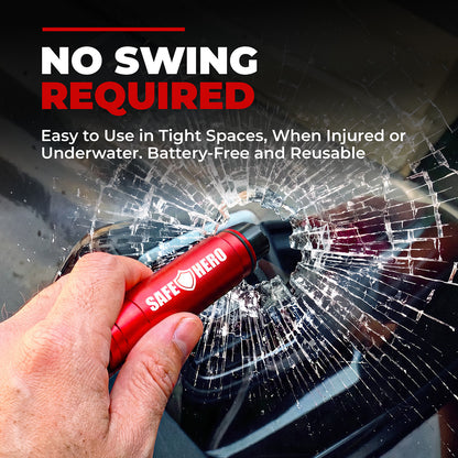 Safe Hero Flash Hammer breaking a car window with a one-handed press, no swing needed